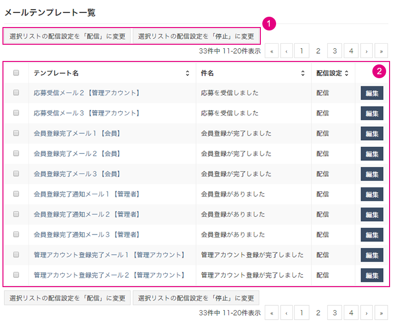 【システム設定（メールテンプレート設定）】メールテンプレート一覧